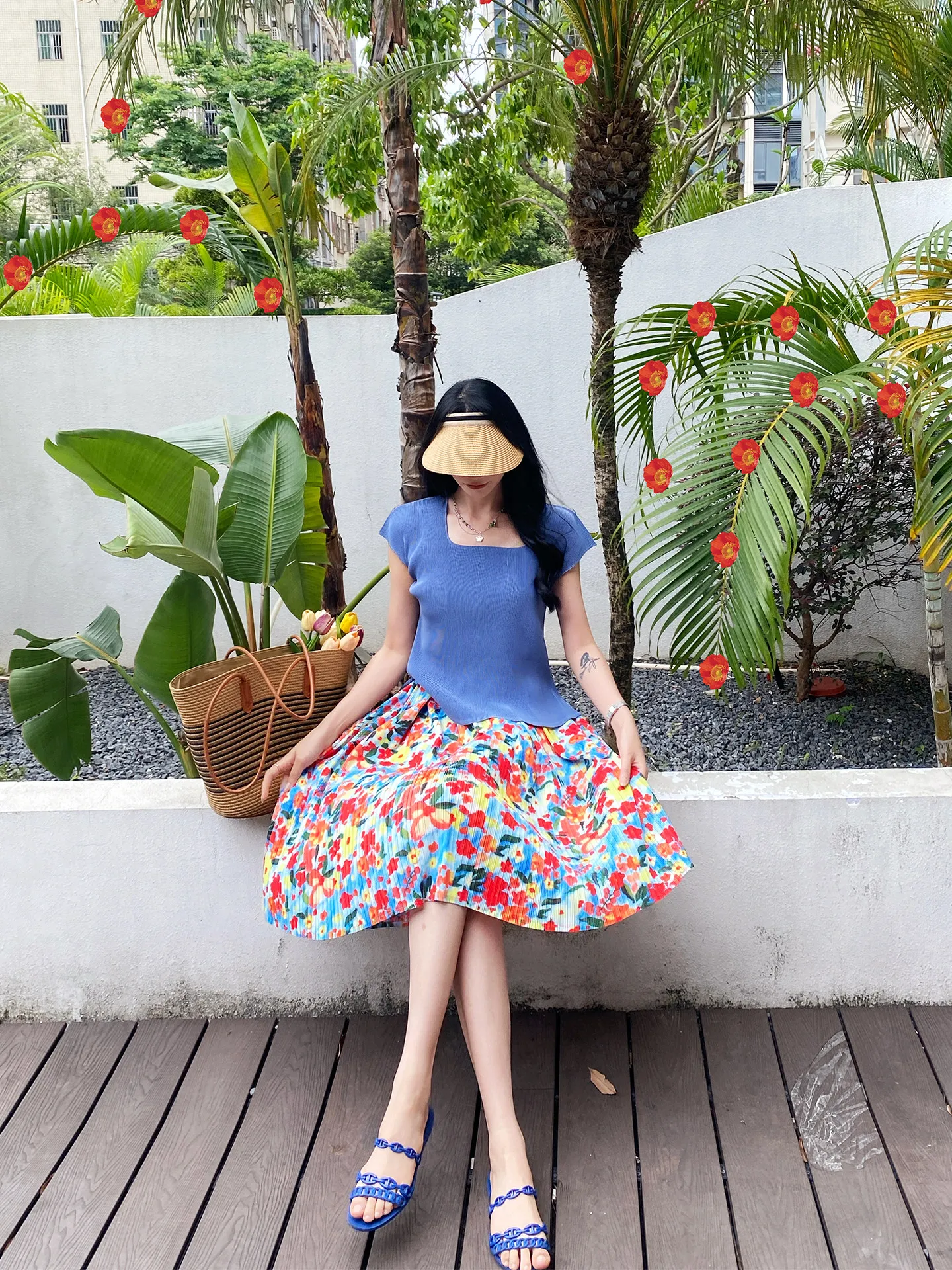 Women Outdoor Vacation Half Skirt with Floral Pattern Design Pleated Comfortable Fabric Loose Oversized Female Summer Half Skirt