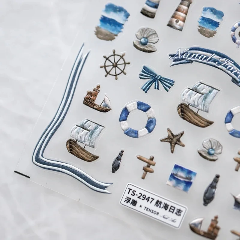 Nautical Elements Lighthouse Seagull Lifebuoy Boat 5D Embossed Reliefs Self Adhesive Nail Art Stickers Summer 3D Manicure Decals