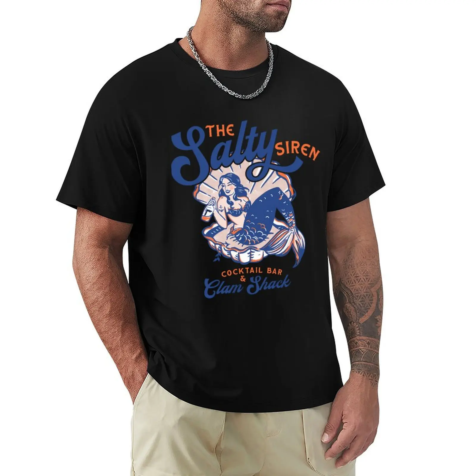 The Salty Siren Cocktail Bar Clam Shack Cute Retro Mermaid Travel Art T-Shirt Comfortable Basic Crew Neck Tee