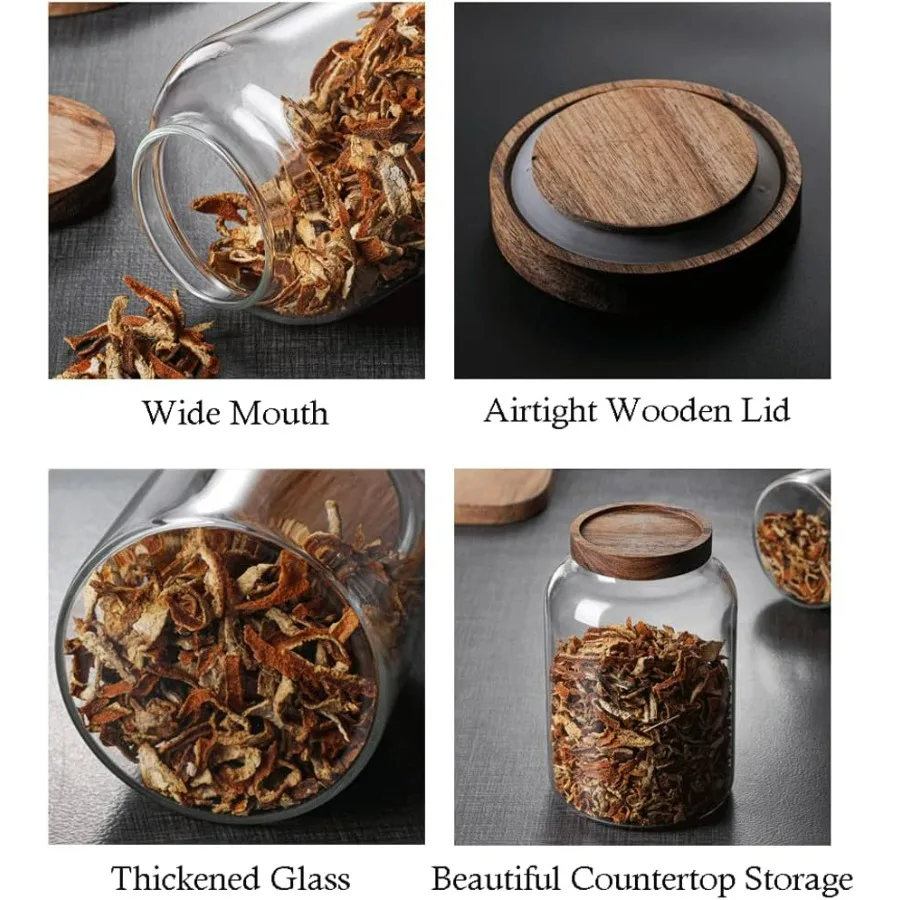 برطمانات زجاجية كبيرة مع غطاء خشبي محكم الغلق لتخزين الطعام، حاوية زجاجية شفافة لتخزين الحبوب لدقيق السكر والقهوة