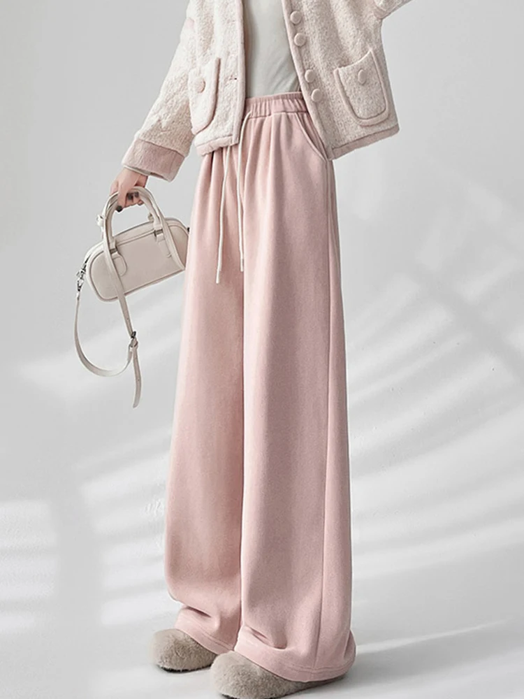 خريف شتاء بنطال ذو قصة أرجل واسعة النساء خمر فضفاض عادية كسول الرياح مستقيم بنطلون الصلبة بسيطة سميكة Harajuku مكتب سيدة السراويل