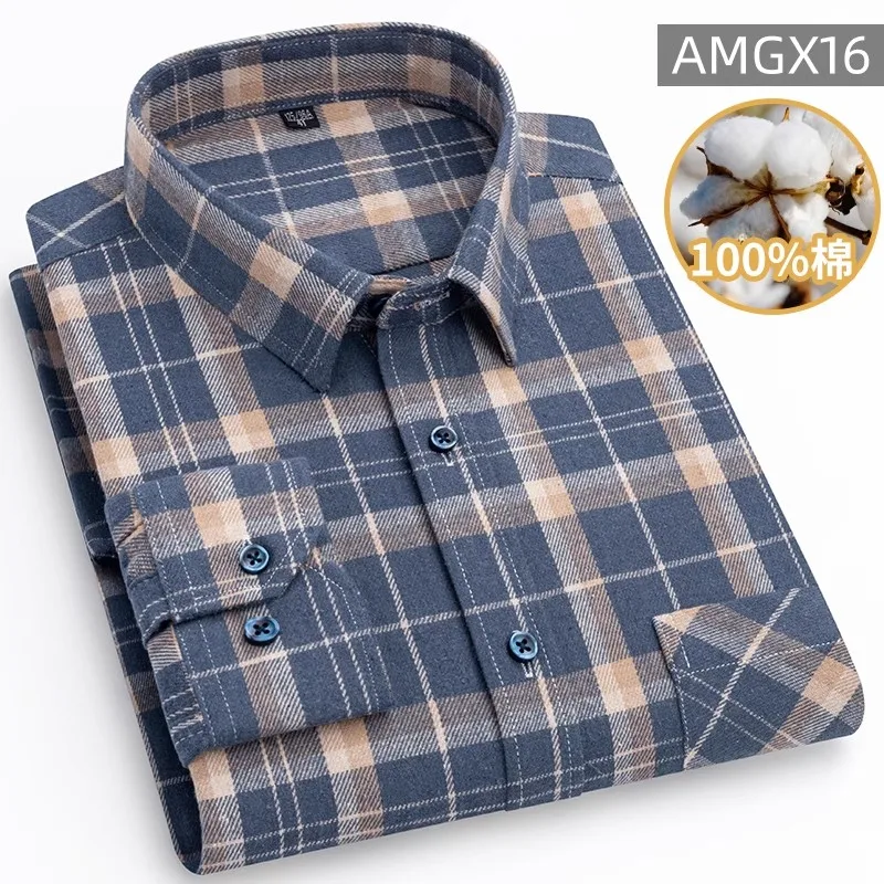 Vintage 100% Cotton Brushed Plaid Shirt for Men High Quality Long Sleeve Soft Regular-fit Office Business Shirts Mens Workwear