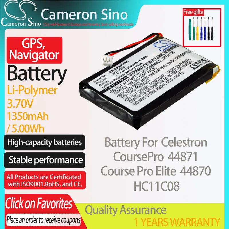 CameronSino Battery for Celestron CoursePro Course Pro Elite 44870 44871 fits Celestron HC11C08 GPS, Navigator battery 1350mAh