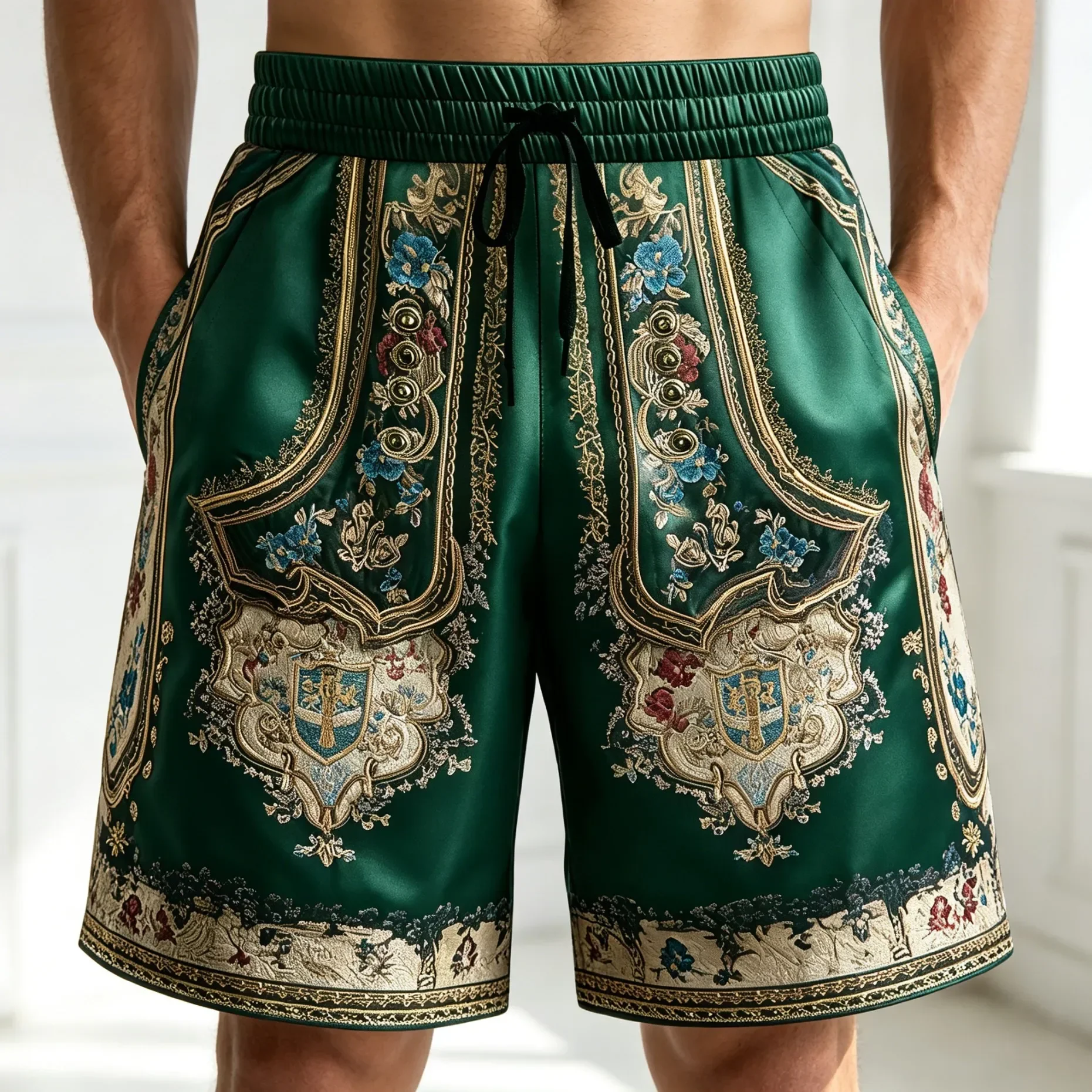 Men's Casual Shorts with a Royal Retro Baroque Floral 3D Print and a Drawstring Waist Belt, Perfect for Everyday Summer Wear.