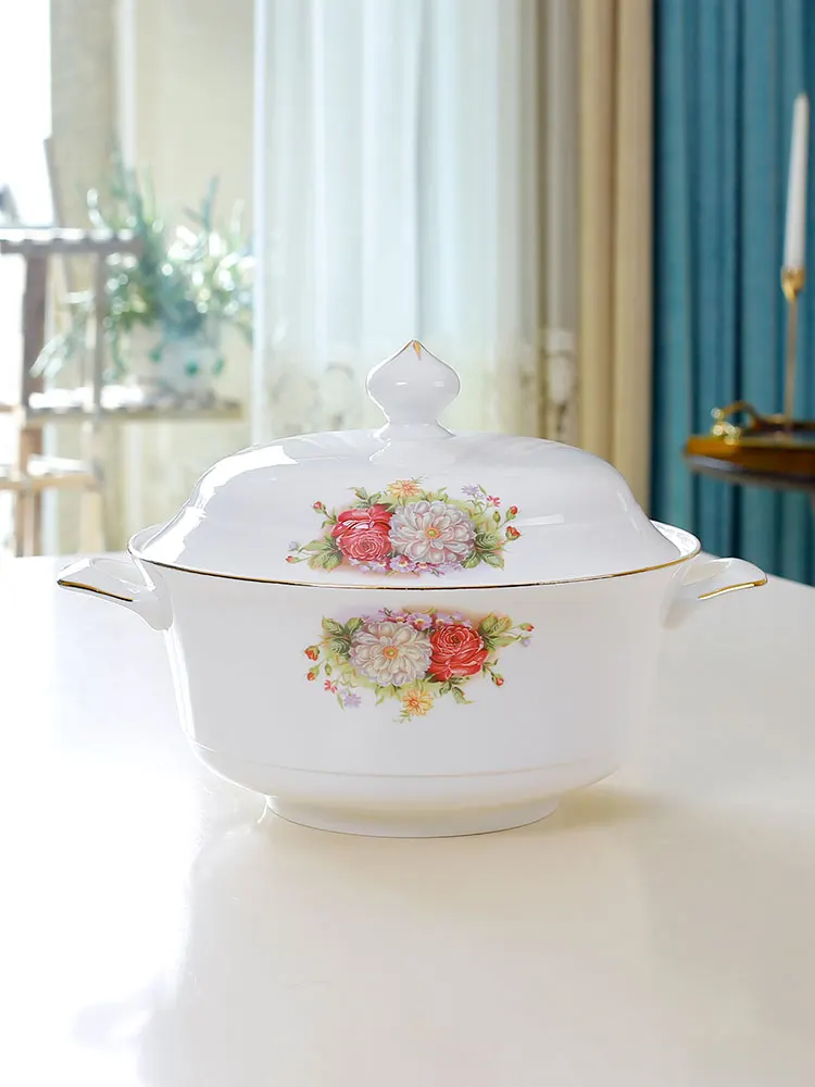 

Tangan Bone China Soup Bowl with Lid European Sle Gold Rimmed Cerc Soup Pot Double Ear Large Soup Bowl Daily Use