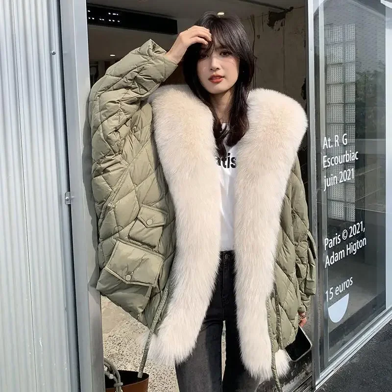 Grote Luxe Faux Vos Bontkraag Down Jas 2024 Vrouwen Winter Pluizige Losse Puffer Jas Chic Veer Vrouwelijke Parka Sneeuw uitloper