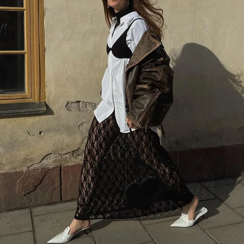 Women's Elegant Hight Waist Perspective Long Skirt Fashion Hollow Out Slim Half Skirt Sexy Lace See Through Party Evening Skirt