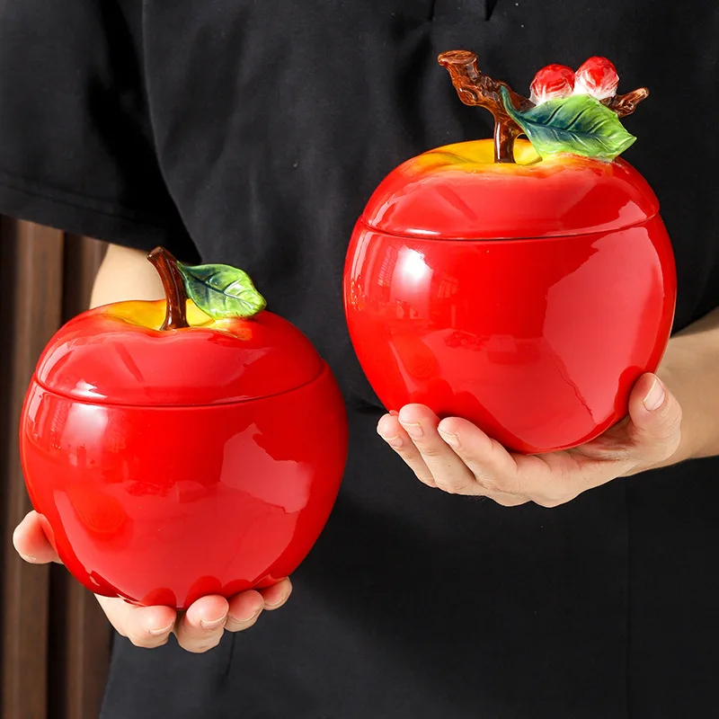 Tarro de cerámica nórdico con forma de manzana roja, recipiente hermético a prueba de humedad para té, botella de almacenamiento, tarro decorativo con forma de manzana de dibujos animados.