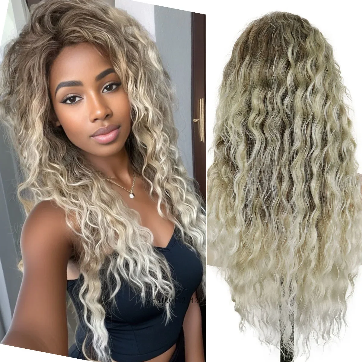 

Synthetic Hair Long Blonde Curly Wigs for Women Gradient Ombre Blonde Wigs with Bangs Big Volume Hair Wigs Natural Hairstyle