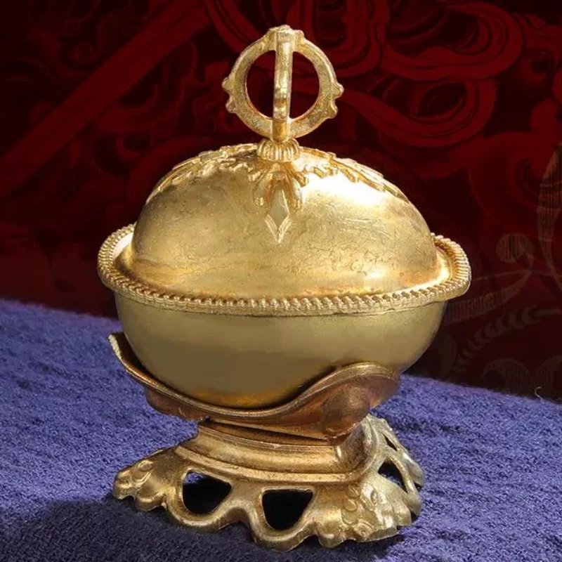 Nepalese Mini Brass Kapala Toba Bowl Carved Dharma Wheel Lid Tibetan Tantric Altar Ritual Vessel Religious Desktop Worship Decor