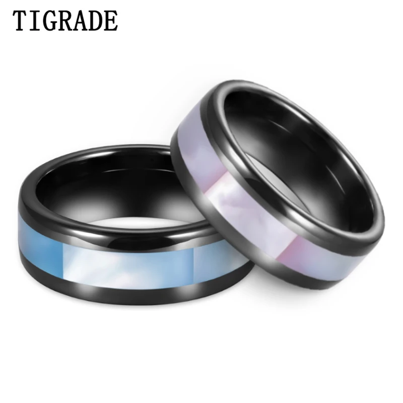 

Tigrade 8mm Men Women Black Ceramic Ring With Real Colorful Shell Inlay Engagement Wedding Fashion Jewelry For Couple Rings