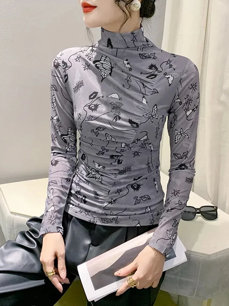 

Winsleter Elegant Basic Tshirt Long Sleeve Stretchy Tees Autumn Winter Women Turtleneck Ruched Print Slim Mesh Tops T30350JC