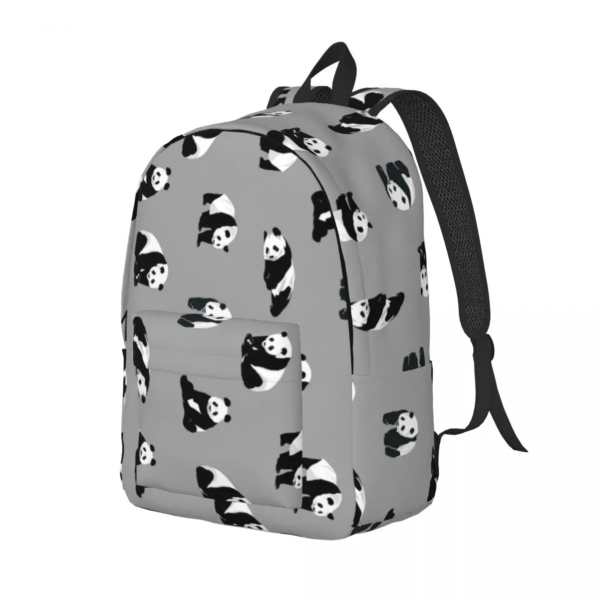 Mochileira de lona fofa para homens e mulheres, panda no cinza, mochila escolar estudantil, mochila selva selvagem, faculdade média alta, ao ar livre