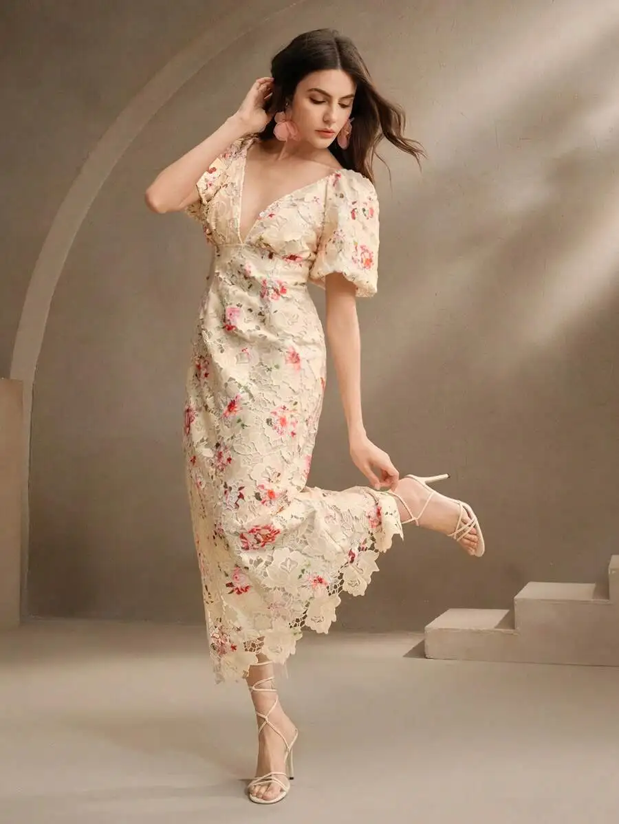 

Женское кружевное платье миди с цветочным узором, V-образным вырезом и пышными рукавами, элегантное, весна-лето