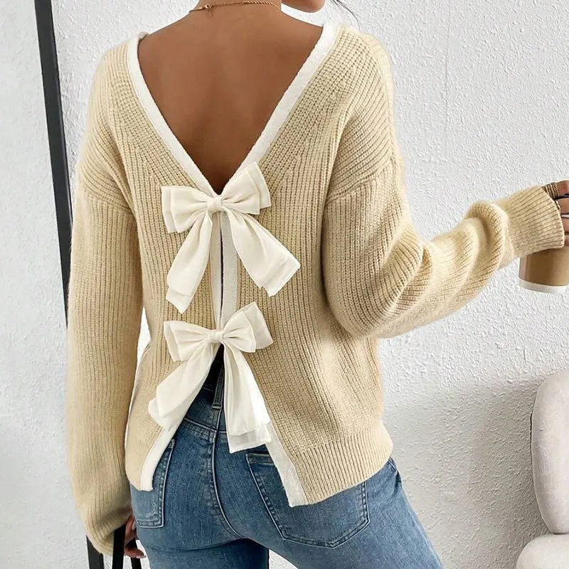 

Hot-selling Premium Vintage Autumn/Winter New Women's Fashion Back Bow Decoration Round Neck Pullover Sweater