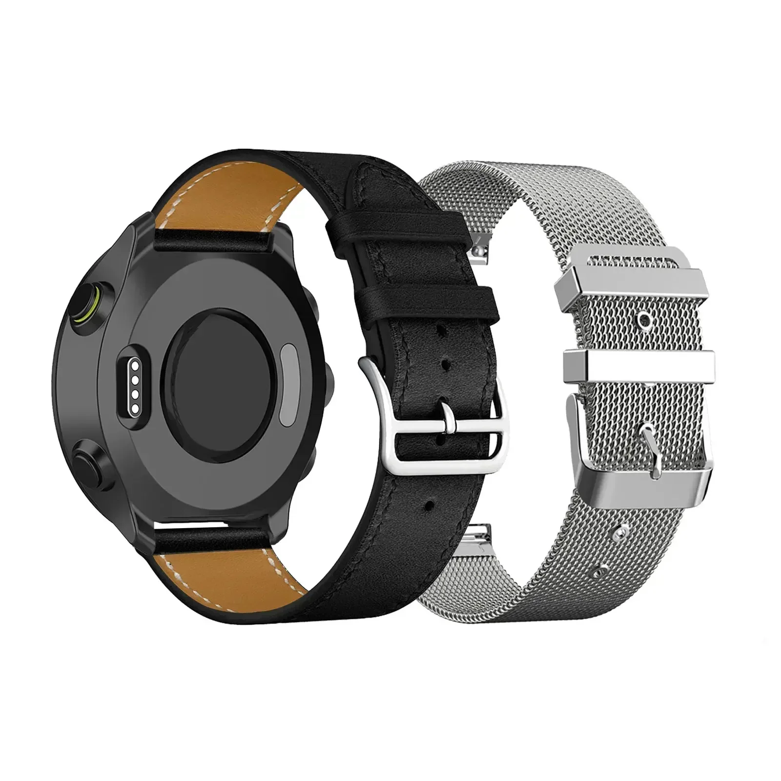 2pcs Bands for Garmin Forerunner 55/245/245 Music/645/645 Music/165/165 Music/158/185 One Leather Strap and One Metal Strap