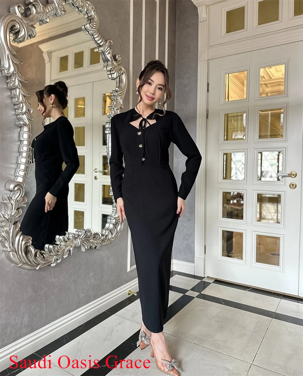 Vestido de noche personalizado, Jersey negro Simple, exquisito, manga larga, vestidos de fiesta, moda, cuello redondo, ocasión especial