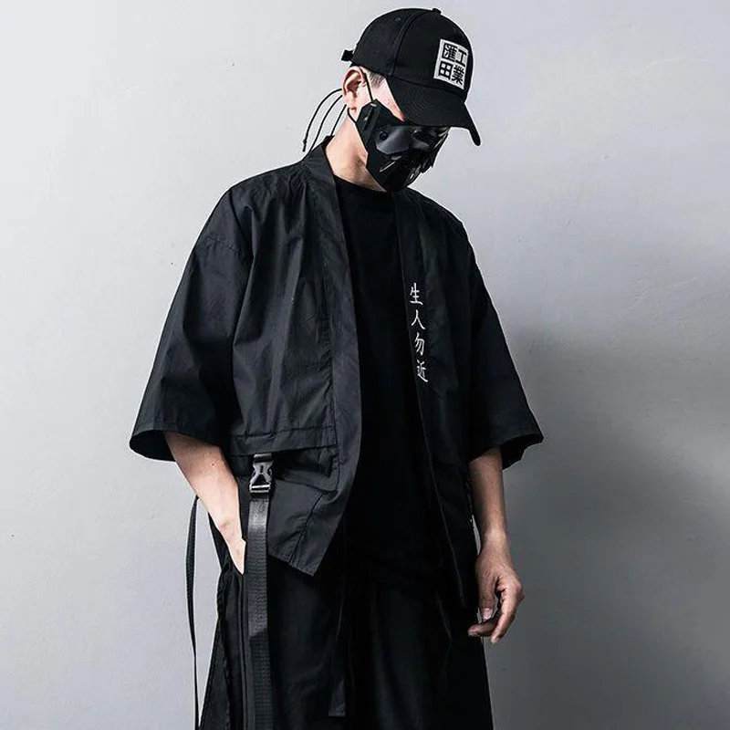 Japanese Fashion Men Taoist Robes Techwear Casual Cardigan Short-sleeved Women Male Shirt Thin Harajuku Streewear Punk Clothes