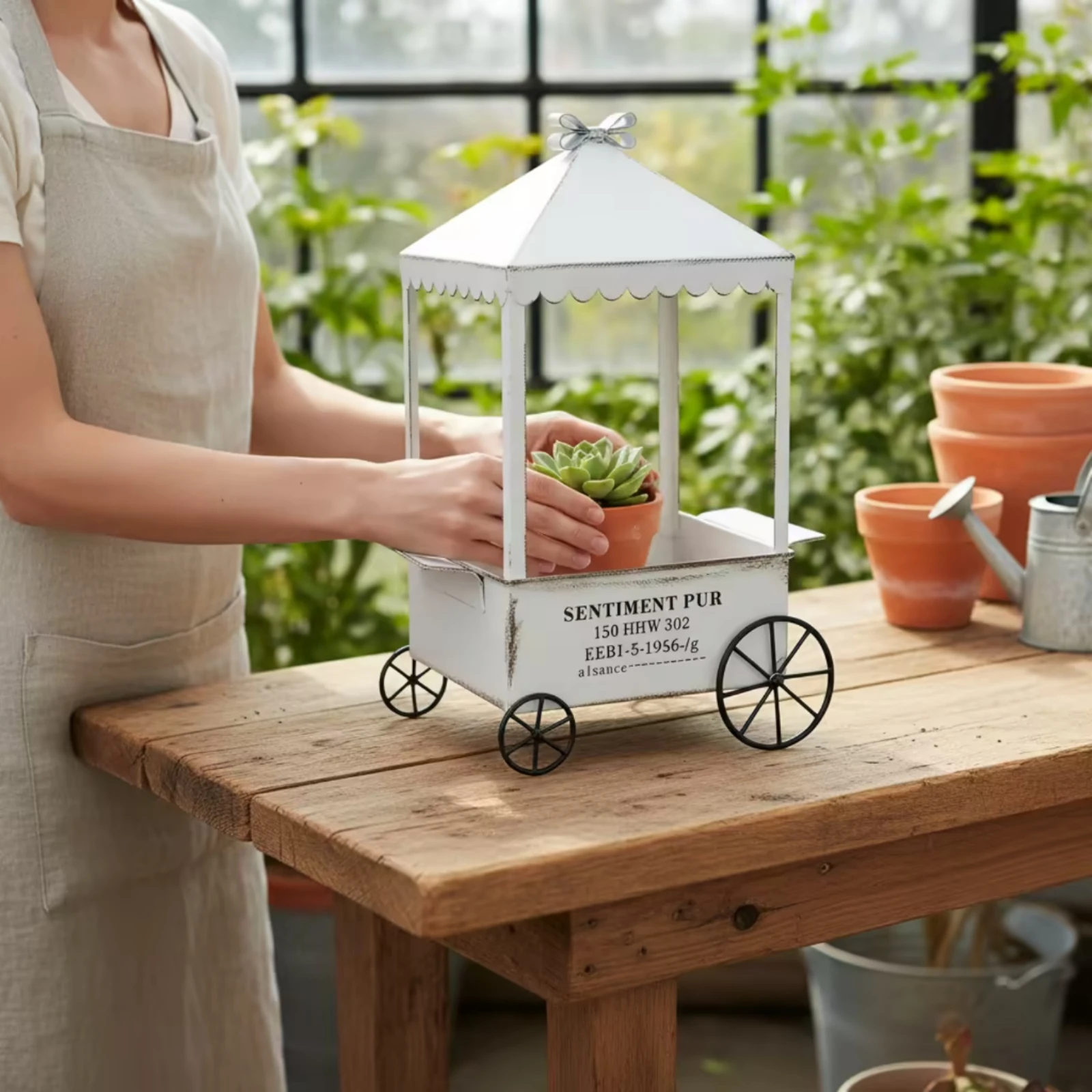 Flower Wagon Planter Scalloped Trim Vintage Metal Planter Outdoor Decor Unobstructed Frame Rustic Design for Tabletop