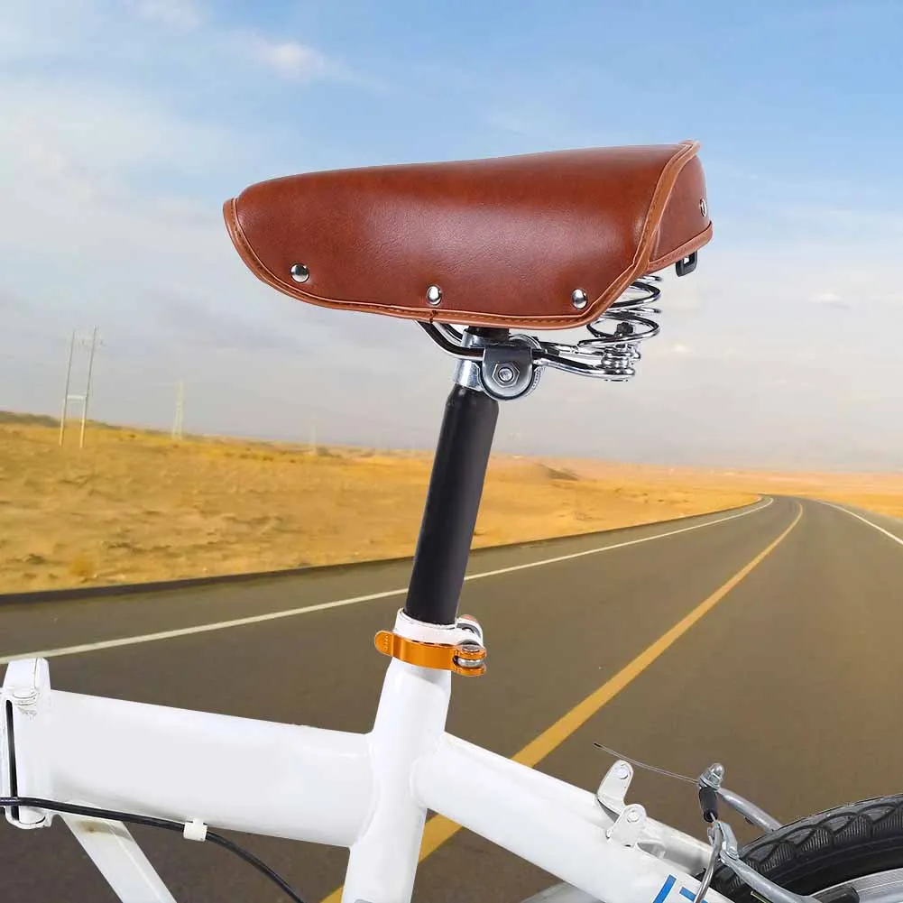 Universal Comfortable Brown Rivets Bike Seat Durable PU Leather Spring Bicycle Saddle