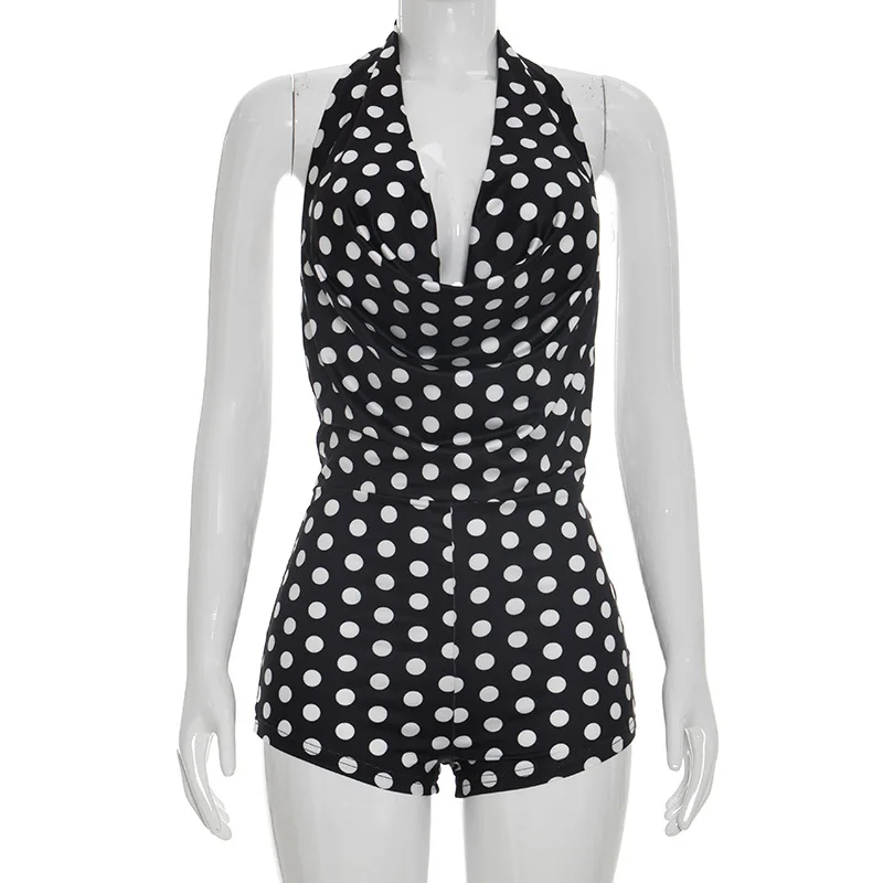2026 Modetrends Damenkleidung Polka Dot Romper Neckholder Wasserfallausschnitt Rückenfreier Playsuit Sommer Lässiger Jumpsuit Streetwear – Detail 12