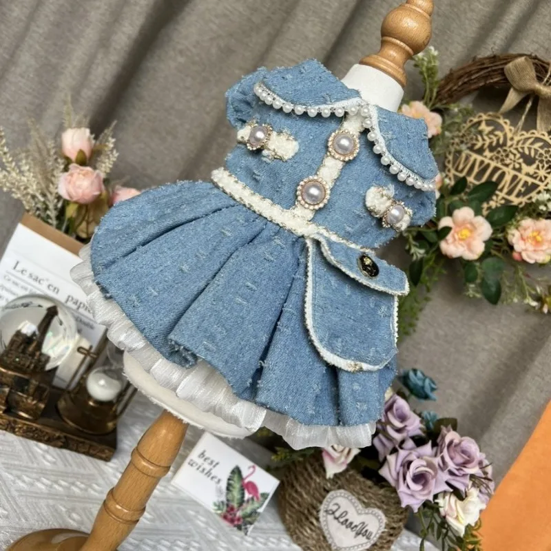 Handmade Pet Denim Dress Pearl Embellished Doll Collar Faux Button Details Pocket Ruffled Hem Vintage Style Celebration Costume