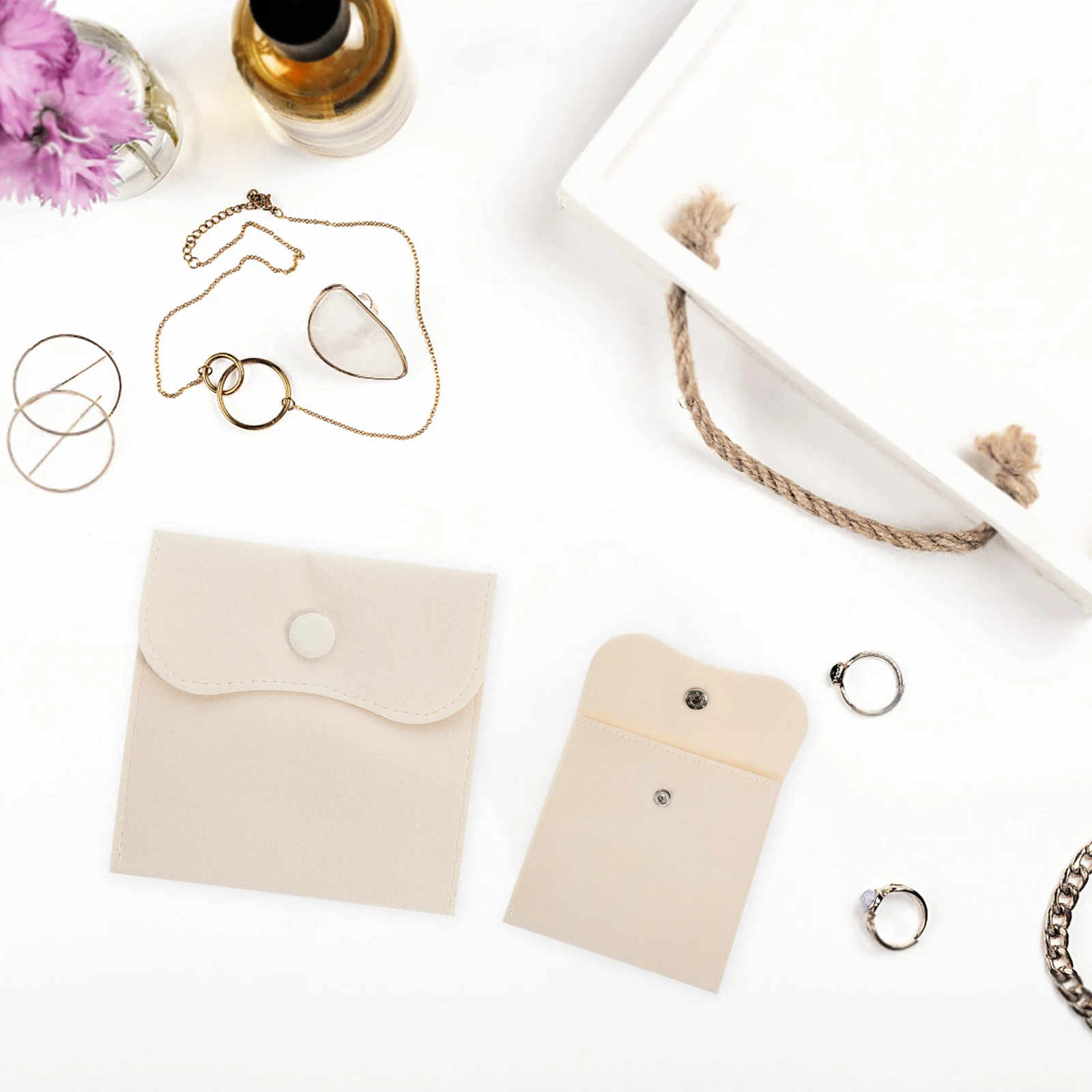 

10Pcs Small Jewelry Gift Bag Lint Material Button Closure for Ring Earrings Necklace Storage Pouch Travel Home Organization