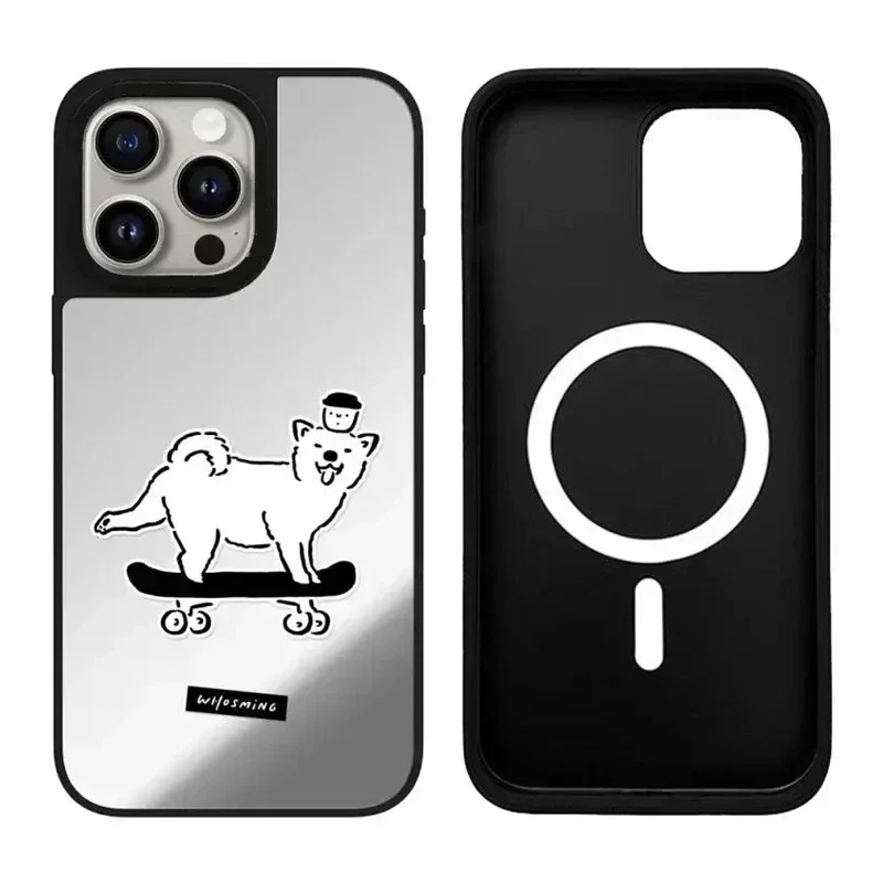 

White Dog Coffee Mirror Magnetic iPhone 12 13 14 15 Pro Max Mirror Surface MagSafe Case Cover Shell