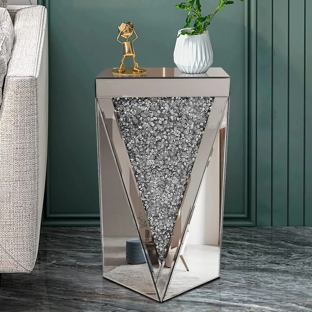 Silver Mirrored End Table, Crystal Inlay Side Table Accent Table, Small Mirrored Coffee Table for Living Room, Bedroom YX125TB