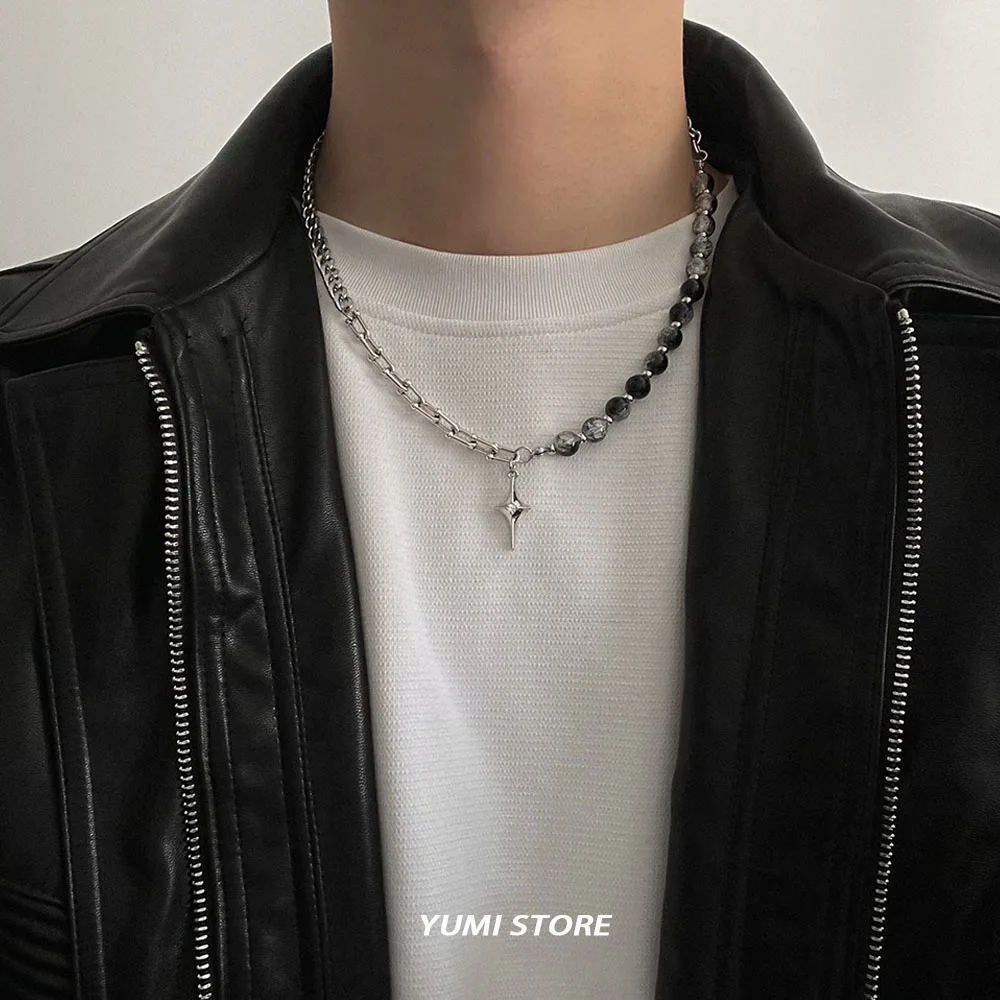 Titanium Steel Cross Ice Cracking Bead Necklace For Man Punk Spliced Collar Chain Jewelry Hip Hop Unisex Accessories Wholesale