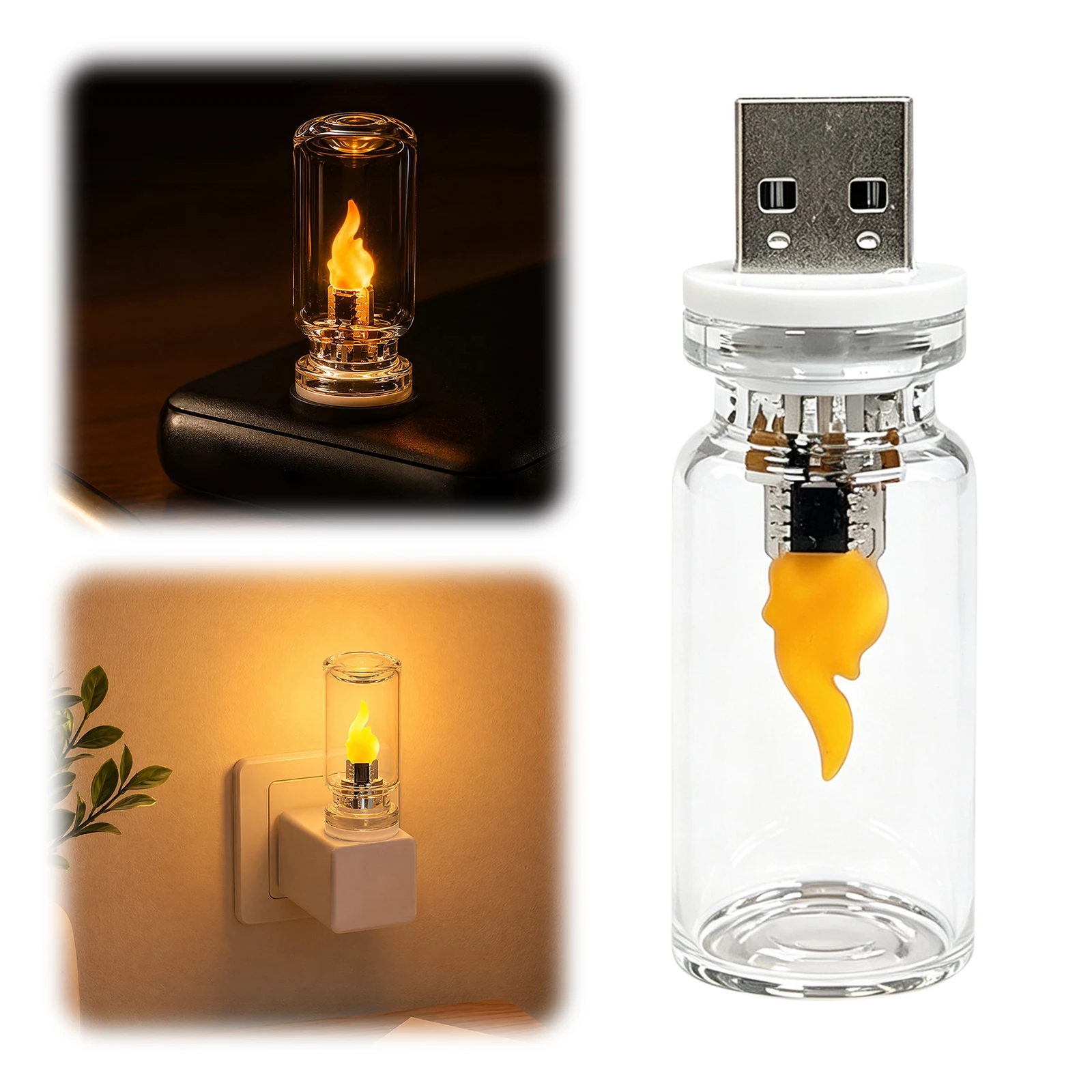 USB LED Flame Lights Mini Plug-in Vehicle Ambient Lamp Mini Retro Glass Ambient Night Lights for Parties & Christmas Decor