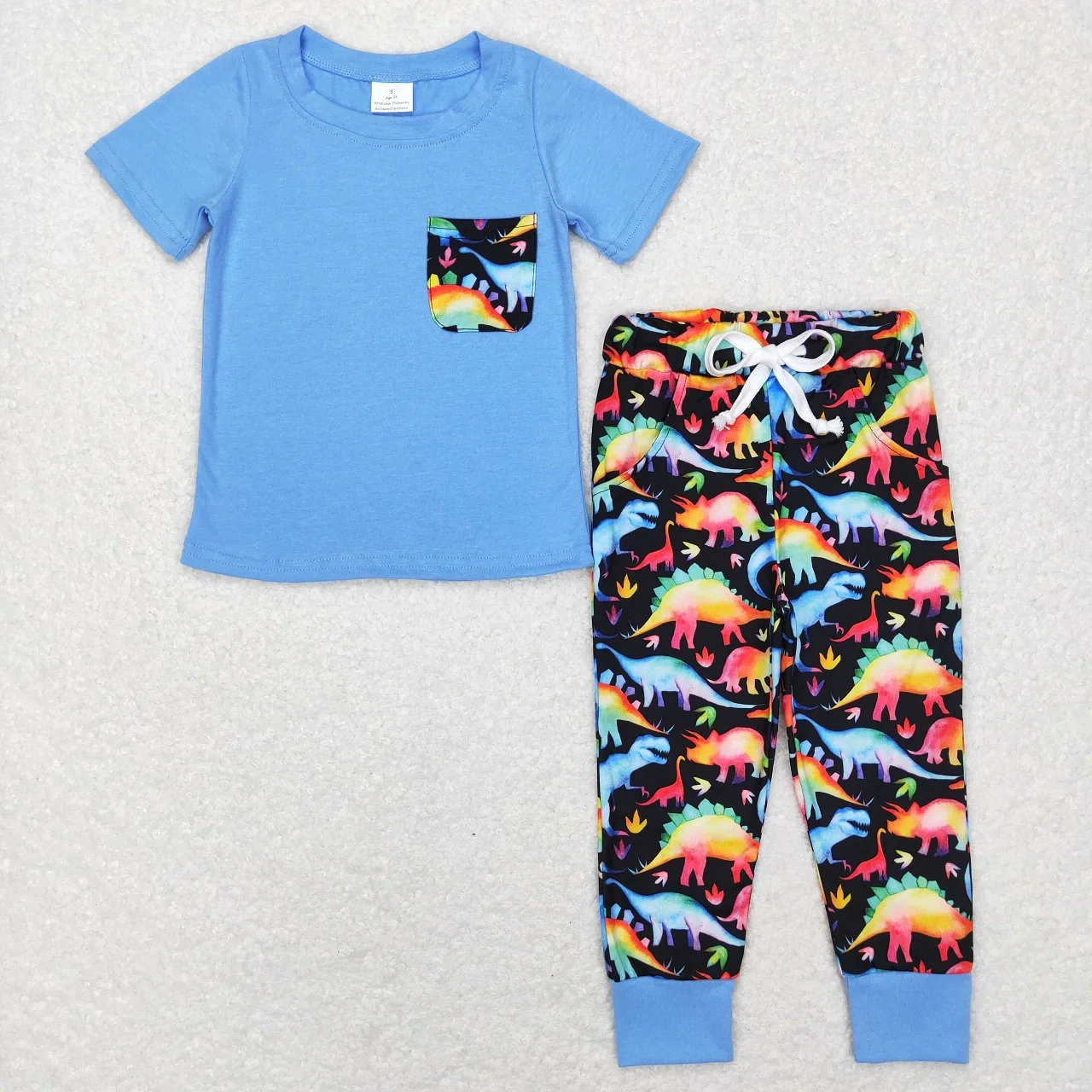 

Wholesale Infant Children Set Cotton Short Sleeves Shirt Kids Pocket Colorful Dinosaurs Pants Baby Boy Outfit Toddler Clothes