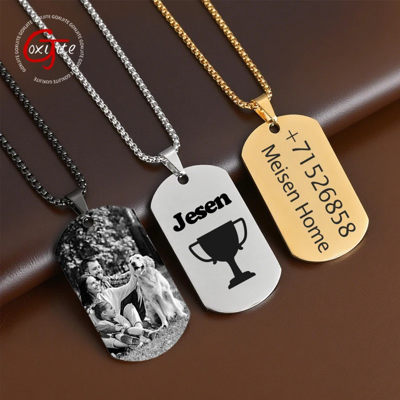 Goxijite Custom Dog Tag Engraved Picture Necklaces Personalized Name ID Stainless Steel Cuban Chain Photo Pendants Jewelry Gift