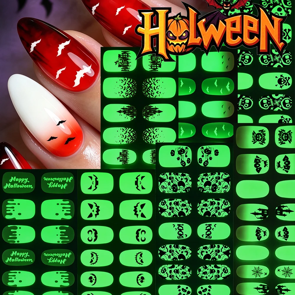 16Tips Halloween Glow In The Dark Spooky Castle Cat Pumpkin Spider Web Full Nail Wraps Luminous Pumpkin Castle Spider Sticker