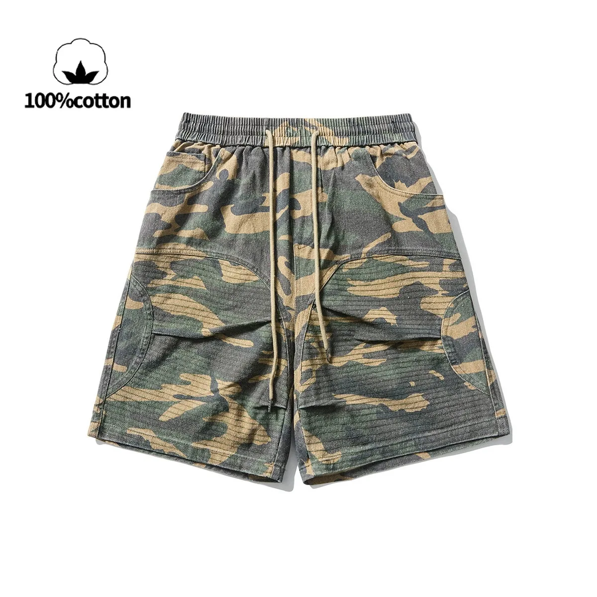 

Men's American Workwear Style Camo Cargo Shorts Elastic Waist Multi-Pocket Loose Fit Mid-Length Baggy Casual Shorts