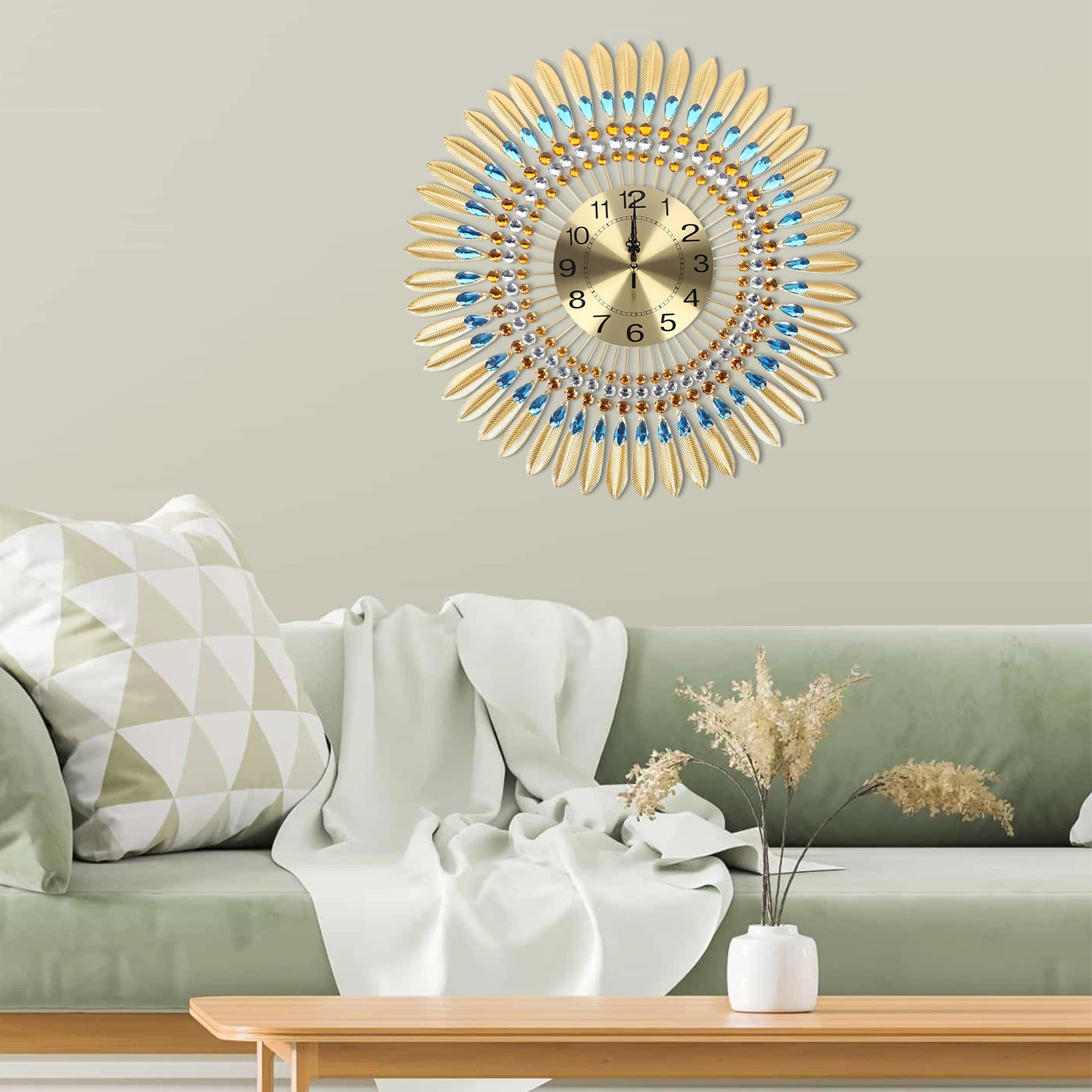 

Mordern Luxury Crystal Wall Clock Metal Geometric Gold Sunburst Silent Clock Round Watch Living Room Home Decoration 27.55 Inch