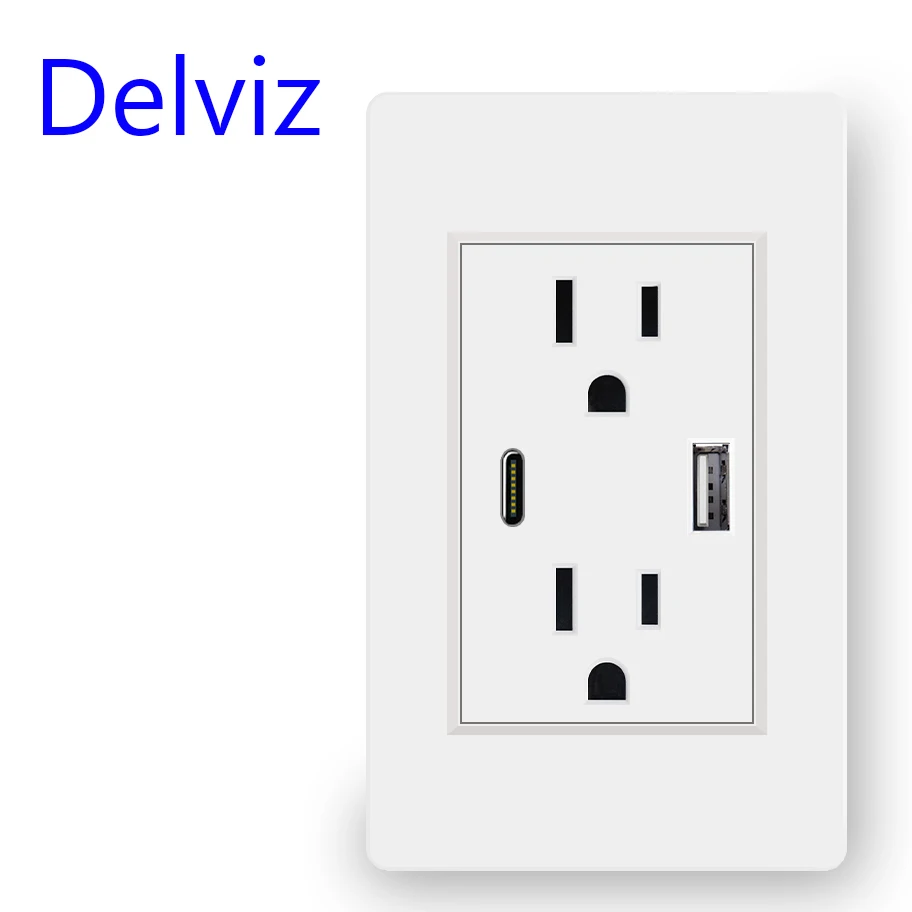 Delviz US Standard USB Socket, 2A Double USB Port, 118mm*72mm panel, United States AC 110V ~250V, Wall Embedded 15A Power Outlet