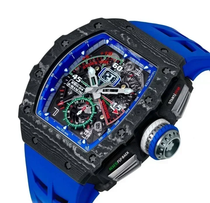 Luxury Mens Automatic Mechanical Watch Black Carbon Fiber Big Date Skeleton Blue Rubber Strap