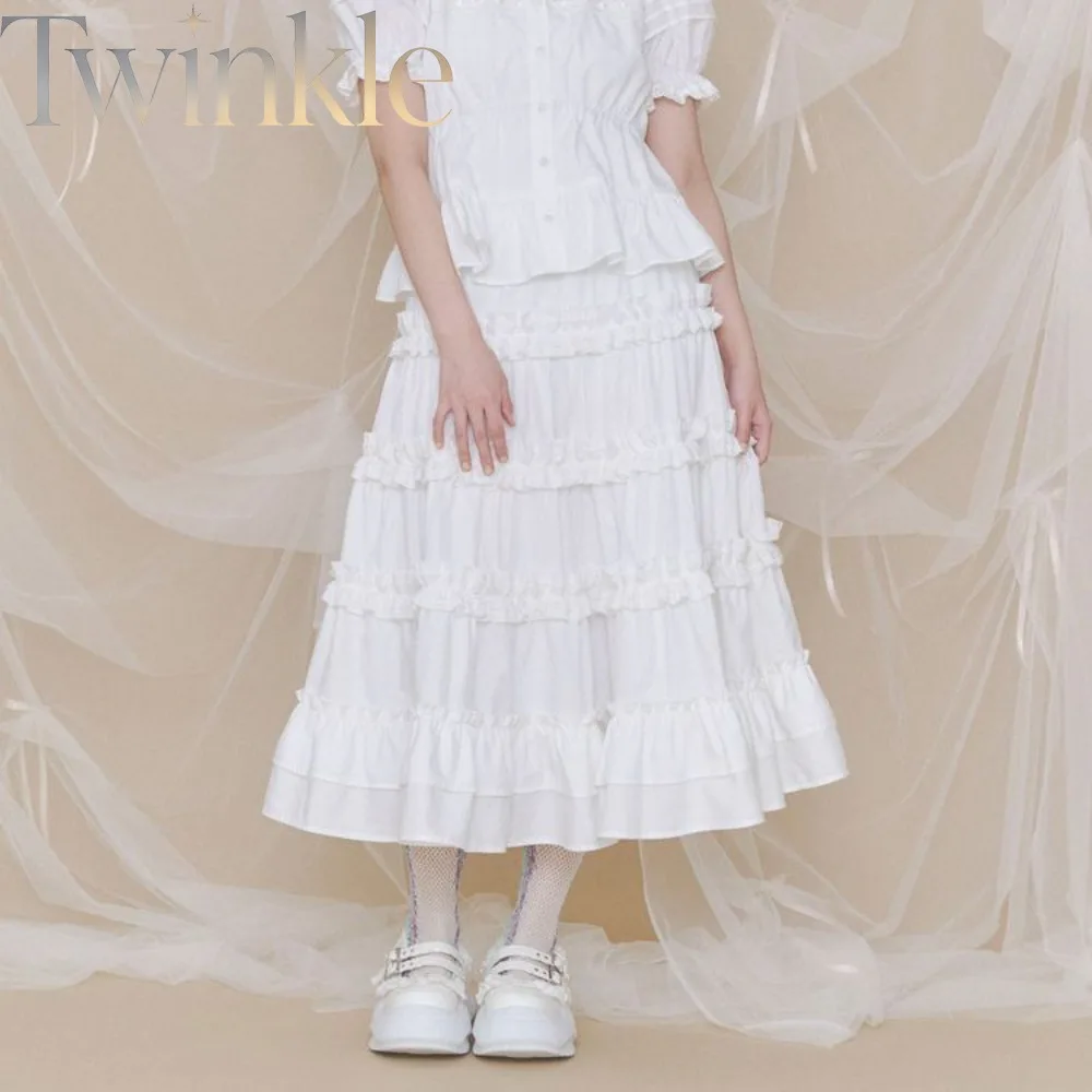 Japanese Tiered Ruffle Organza Panel A-Line Skirt Women Elastic Waist Flared Umbrella Maxi Skirt Slimming Sweet