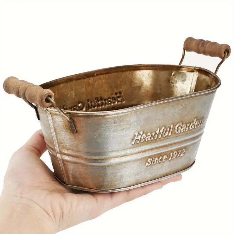1PC Retro Serving Tray Vintage Metal Storage Trays Bread Plate English Printing Iron Handle Bucket Photography Props Home