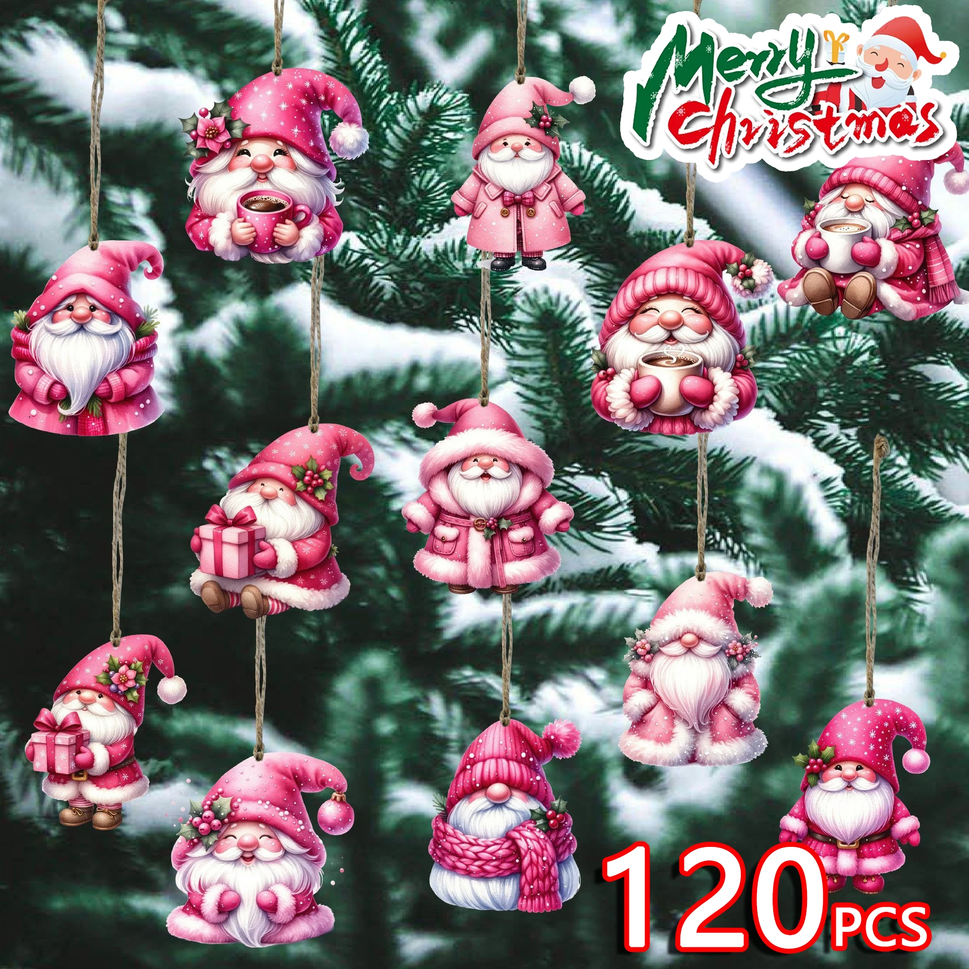 12-120PCS Christmas Wooden Ornament Pink Blue Santa Claus Hanging Pendants for Xmas Tree Decor New Year Gifts Wrapping Supply