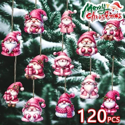 12-120PCS Christmas Wooden Ornament Pink Blue Santa Claus Hanging Pendants for Xmas Tree Decor New Year Gifts Wrapping Supply