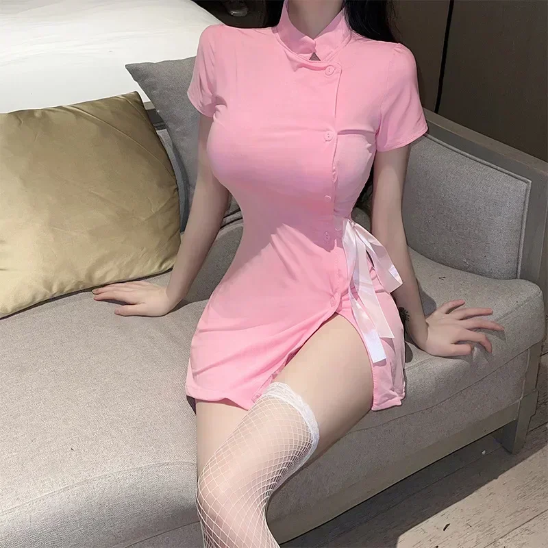 Night Dress Women Sexy Pajamas Cute Pink Cardigan Button Up Skirt Nurse Rhinestone Stretch Uniform Pajamas Set Women's Corset