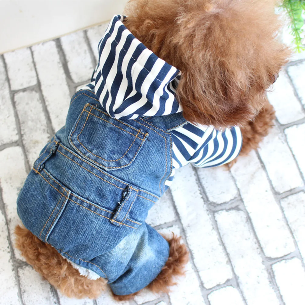 

1Pcs Denim Clothes for Dogs Stylish Hooded Jumpsuit with Stripes Suspenders Pet Costume Warm Comfortable Size Xs