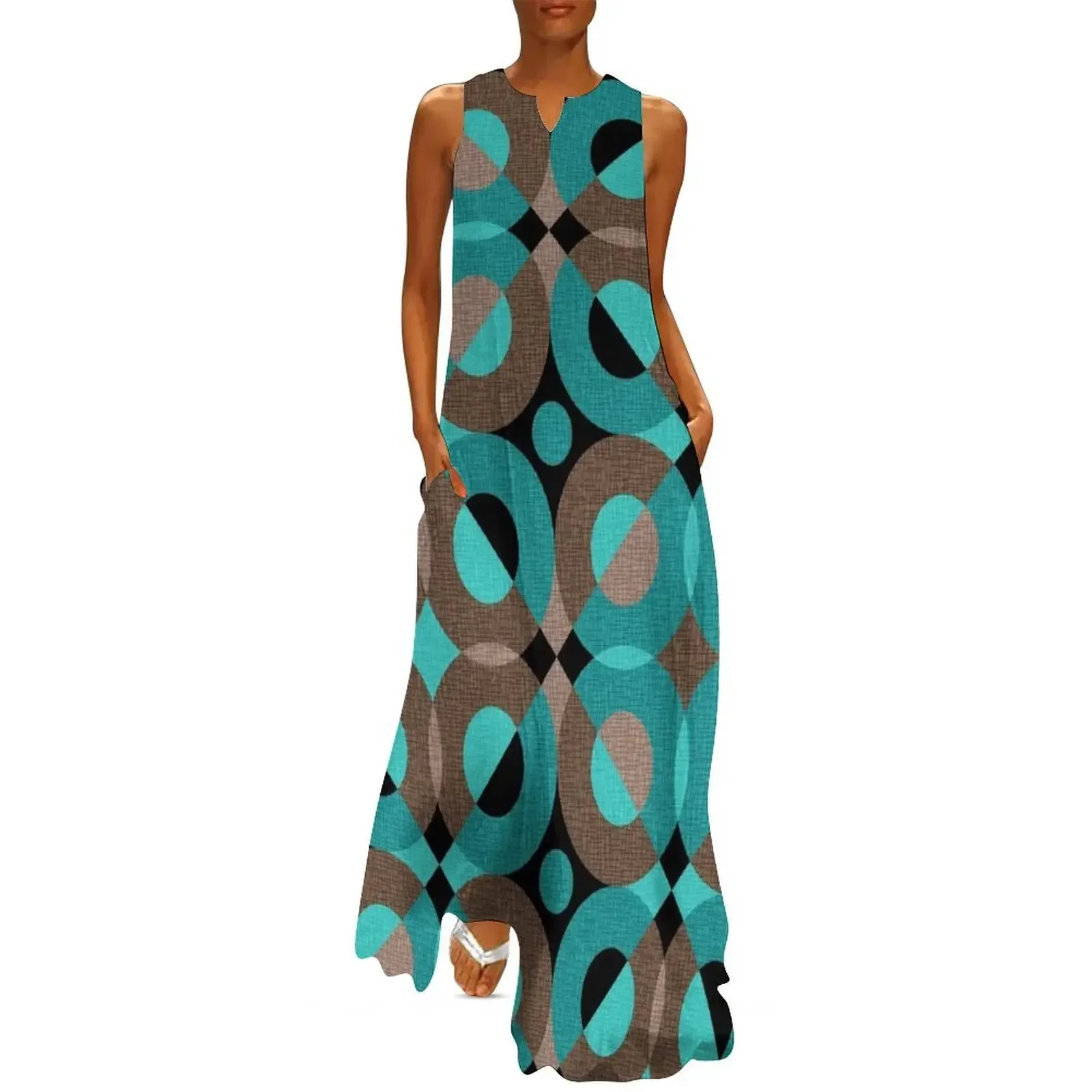 

Geometric Mid Century Circles in Turquoise, Brown and Black Long Dress Women's summer dresses elegant dress Woman clothing Dress
