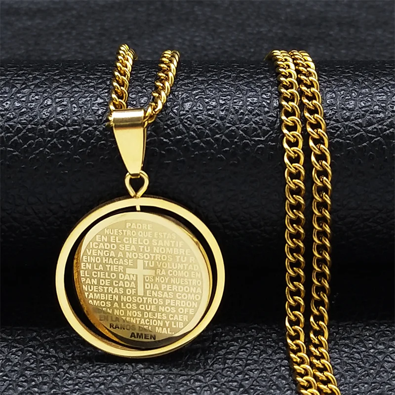 Christian Bible Lords Prayer Cross Pendant Necklace Stainless Steel Spanish Necklaces Religious Jewelry Cordao Masculino N2070