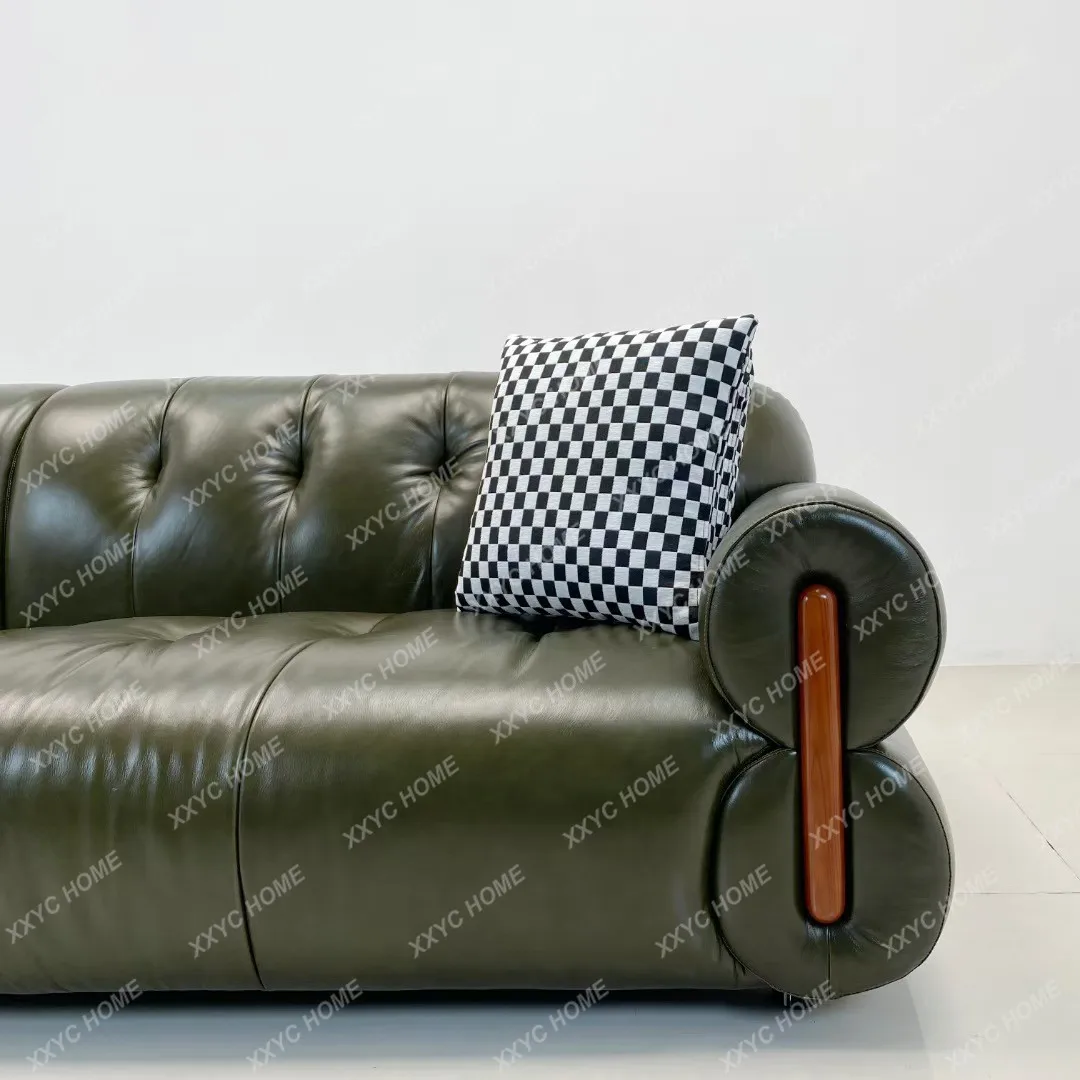 HH Minimal oil wax leather antique sofa straight row  retro small apartment living room first layer cowhide microfiber leat