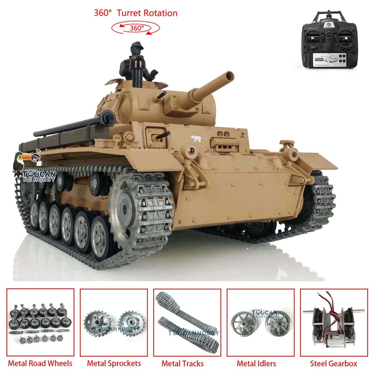 HENG LONG 1/16 7.0 Tùy Chỉnh Panzer III H RTR RC Xe Tăng 3849 Kim Loại Bài Nhạc Bánh Xe Thép Con Quay Bánh Xe BB Chụp Hình vàng TH17369