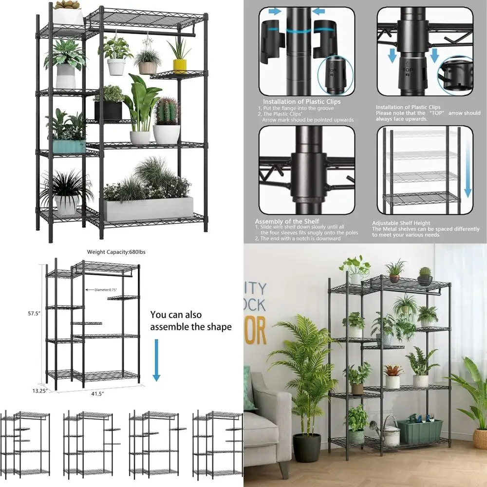 

Indoor Outdoor Heavy-Duty Metal Plant Stand, Large Adjustable Plant Shelf with Hanging Feature