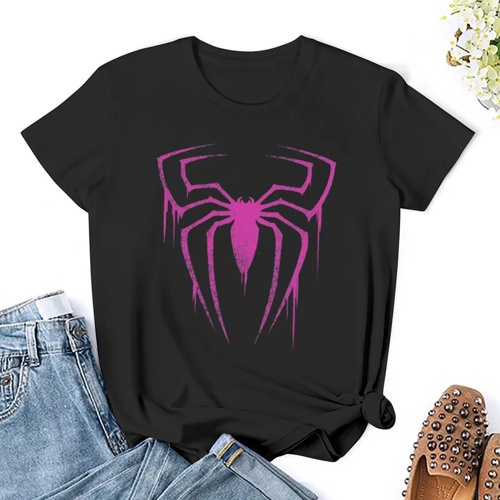 Camiseta con símbolo de araña para mujer, tops de verano, ropa para mujer, versión rosa